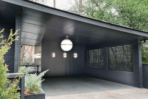 Midcentury Carport Becomes Hip Lounge Space | HGTV Carport Lighting Ideas, Carport Lighting, Mid Century Carport, Carport Addition, Carport Makeover, Creative Lighting Ideas, Mid Century Modern House Exterior, Brian Patrick Flynn, Modern Carport