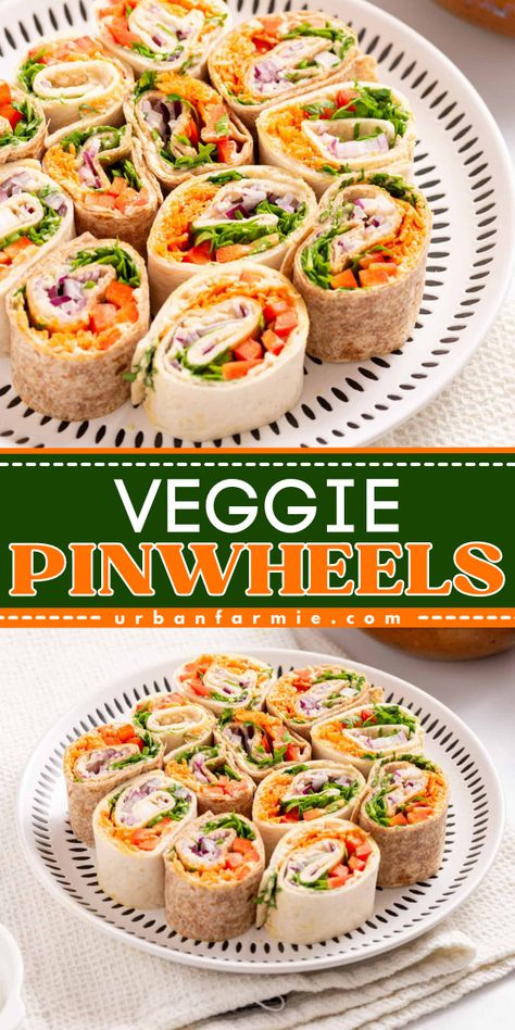 Quick and easy veggie pinwheels are perfect for a light snack or lunch. With a mix of fresh veggies and creamy hummus, these pinwheels are a hit in my home. Hummus Pinwheels Vegan, Hummus Cups With Veggies, Vegetarian Appetizers For Party Easy Finger Foods, Veggie Pinwheels Roll Ups, Healthy Vegetarian Appetizers, Vegetable Hors D'oeuvres, Vegetarian Picnic Food, Vegetarian Pinwheels, Vegetable Pinwheels