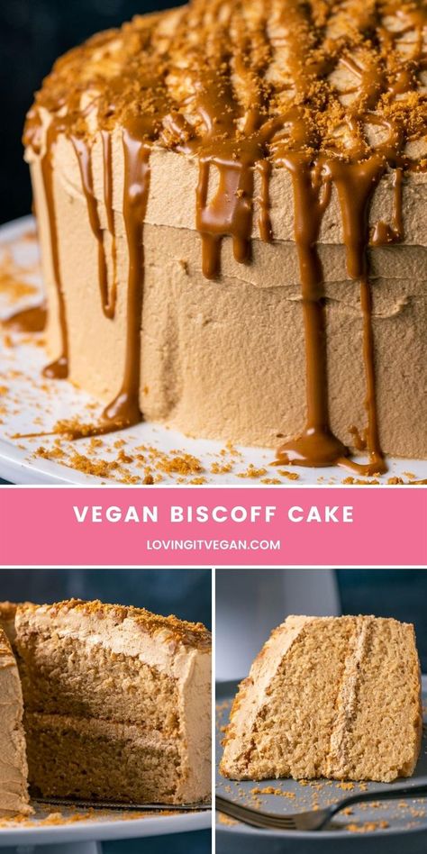 This vegan biscoff cake is fluffy, moist and loaded with biscoff flavor. Topped with a decadent vegan biscoff buttercream frosting. | lovingitvegan.com Vegan Cake Icing, Biscoff Buttercream, Biscoff Recipes, Biscoff Cake, Vegan Birthday Cake, Vegan Pastries, Birthday Baking, Vegan Cake Recipes, Vegan Cupcakes