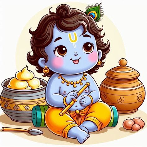 Krishna Ji Cute Images, Cute Krishna Illustration, Krishna Ji Painting On Canvas, Drawing Ideas Of God, Janmashtami Drawing Ideas For School, Cute God Drawing, Cute Krishna Drawing Easy, Krishna Cute Drawing, Krishna Cartoon Images