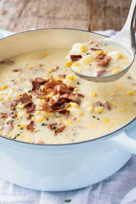 Ham and Corn Chowder in a French casserole pot being ladled out for serving. Ham And Corn Chowder, Potato Corn Chowder, Ham Potato, Loaded Potato Soup, Chowder Soup, Recipetin Eats, Corn Chowder, Chowder Recipes, Bowl Of Soup