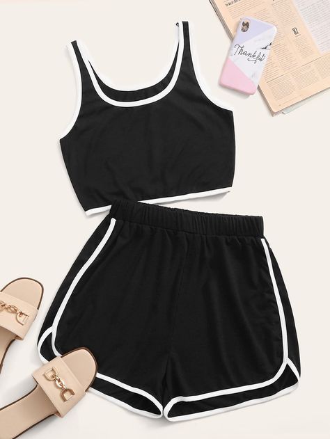 Contrast Binding Crop Tank Top & Track Shorts | SHEIN USA Teenage Outfits, Cute Sleepwear, Cute Lazy Outfits, Teenage Fashion, Lingerie Outfits, Track Shorts, Crop Top And Shorts, Tween Outfits, Cute Comfy Outfits