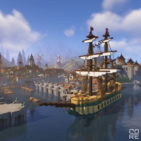 Minecraft Cities, Medieval Ship, Minecraft Castle Designs, Minecraft Statues, City By The Sea, Minecraft Castle, Minecraft Medieval, Minecraft Room, Minecraft City