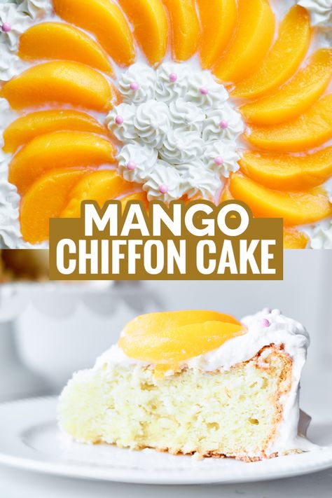 Try making this super moist, light and fluffy chiffon cake and have a delicious snack or dessert for any occasion! It's made with simple ingredients and easy to make. Enjoy! Mango Chiffon Cake Recipe, Mango Chiffon Cake, Filipino Mango, Filipino Sweets, Peach Upside Down Cake, Cassava Cake, Tropical Desserts, Baking Skills, Cake Calories