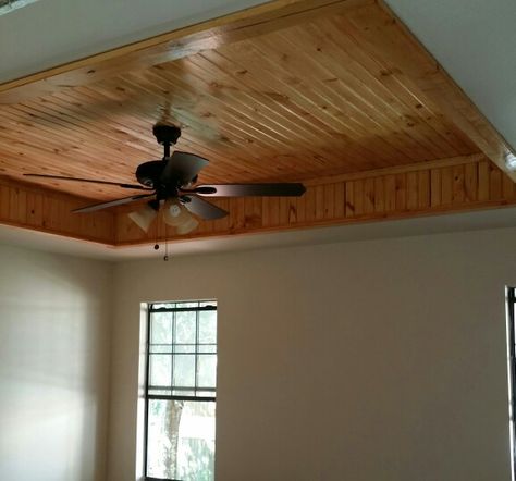 Tray ceiling with tongue and groove beaded board, stained. My hubby designed and I love! Tongue And Groove Tray Ceiling, Tray Ceiling Living Room, Wood Tray Ceiling, Ceilings With Wood, Ceiling Shiplap, Trayed Ceiling, Tray Ceiling Bedroom, Cozy Cabin Interior, Tray Ceiling Ideas