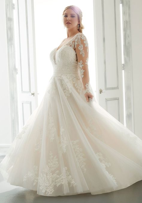 Plus Size Ballgown Wedding Dress with Long Sleeves. Morilee by Madeline Gardner. Grey Prom Dress, Madeline Gardner, Plus Size Wedding Gowns, Womens Prom Dresses, Mori Lee, Bridesmaid Dress Sizes, Tulle Gown, Long Sleeve Wedding, Lace Wedding Dress