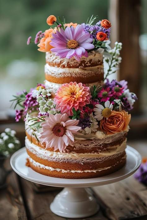 Elevate your Cake Day with our AI-generated naked wedding cake adorned with natural flowers. Delight in moist layers of cake and sumptuous frosting, complemented by handcrafted floral accents. Order now for a blend of elegance and sweetness that's sure to impress! Wedding Cake Fleurs, Rustic Floral Wedding Cake, Wedding Cake Natural Flowers, Naked Wedding Cakes With Flowers, Naked Cakes With Flowers, Flower Cake Ideas Birthday, Garden Party Cake Ideas, Semi Naked Wedding Cake With Flowers, Garden Party Wedding Cake