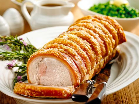 Roasted pork loin with crackling roast vegetables, gravy and apple sauce | Recipe | Australian Pork Rolled Pork Roast, Roast Pork Crackling, Perfect Roast Pork, Crackling Recipe, Pork Leg Roast, Slow Roast Pork, Roast Pork Loin, Pork Crackling, Pork Loin Roast Recipes