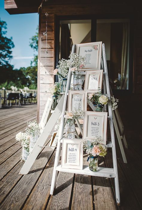 Ladder Table Plan, Jam Jar Wedding, Ladder Wedding, Rehearsal Dinner Themes, Amy Taylor, Diy Festival, Asos Wedding, Village Hall Wedding, Gypsophila Wedding