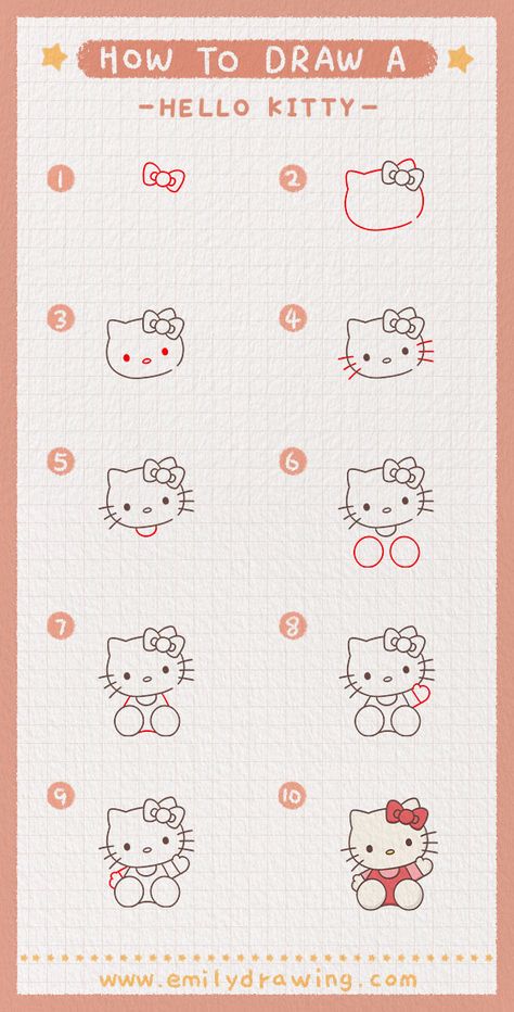 Hello Kitty Drawing Pencil, How To Hello Kitty, Step By Step Cute Doodles, Easy Sanrio Doodles, Doodle Ideas Step By Step, Kawaii Drawings Tutorial, Hello Kitty Simple Drawing, Hello Kitty Drawing Easy Step By Step, How To Draw Kawaii Step By Step