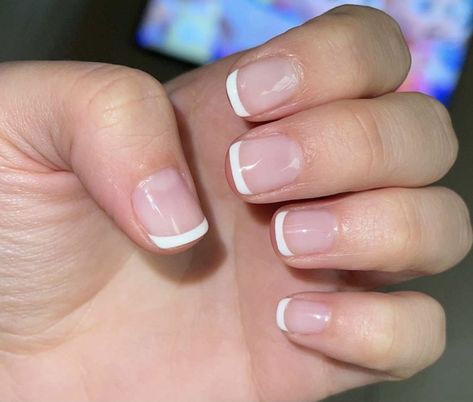 Thin white french tip, gel nails, nude, short, natural. Shellac Nails White Tip, White Tip Natural Nails, Natural White French Tip Nails, Very Short French Nails Round, White French Tip Nails Natural, White Tip Gel Nails Short, French Tip Nails Short Natural, Natural French Tips Nails, White Gel French Tip