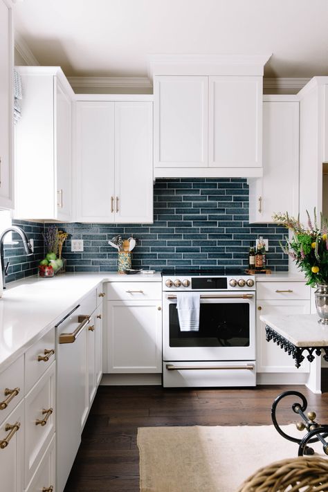 Kitchen With Blue Appliances, White Kitchen Blue Subway Tile, Color Subway Tile Kitchen, Small Kitchen White Appliances, Kitchen Remodel White Appliances, Kitchen Hood Storage, Blue Tiles In Kitchen, White Kitchen Navy Accents, Kitchen White Appliances Ideas