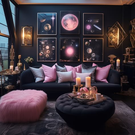 Glam Maximalist Living Room, Black And Mauve Living Room, All Pink Decor, Black Home Interior Aesthetic, Airbnb Decor Room Ideas Theme, Colorful Luxury, Lounge Room Ideas Modern, Sapphire Room Aesthetic, Dark Feminine Aesthetic Home