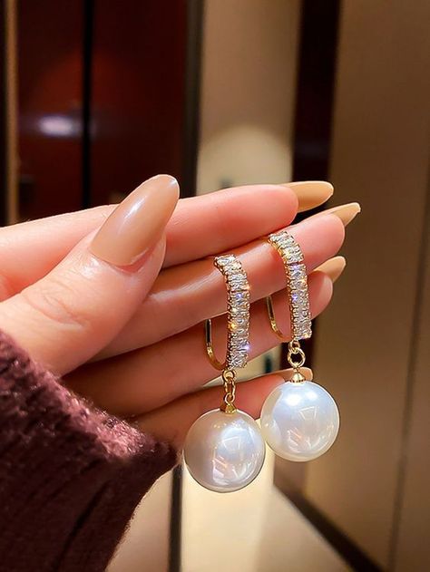 Yellow Gold Glamorous Collar Zinc Alloy Embellished Women's Fashion Jewelry Dance Earrings, Dance Necklace, Freshwater Pearl Drop Earrings, Big Pearl, Pearl Drop Earrings, Ear Jewelry, Tahiti, Pearl Drop, Designer Earrings