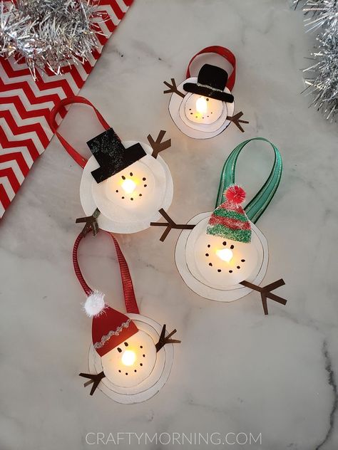 Melted Snowman Tea Light Ornaments - Crafty Morning Snowman Tree Ornaments Diy, Crafty Morning Crafts, Kid Holiday Crafts, Snowman Ornaments For Kids To Make, Melting Snowman Craft, Tea Light Ornaments, Mop Gnomes, Snowmen Art, Snowman Crafts For Kids