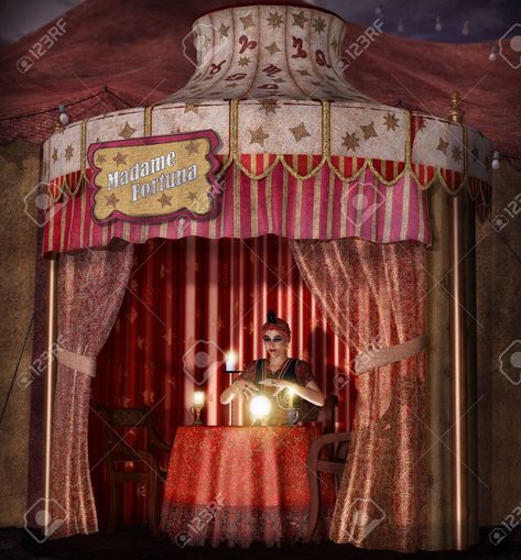 Dramatic concept of a mystic, female Gypsy fortune teller with a lighted crystal ball in her tent, realistic 3d render - 113374523 Hall Of Mirrors Carnival, Vaudeville Aesthetic, Carnival Fortune Teller, Fortune Teller Tent, 1920s Circus, Tarot Party, Vintage Carnival Party, Carnival Tent, Circus Aesthetic