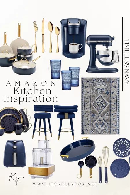 Blue And Navy Kitchen, Kitchen Blue Accessories, Blue And White Kitchen Apartment, Black And White Kitchen With Blue Accent, Navy And Gold Kitchen Accessories, Blue White And Gold Kitchen Decor, Kitchen With Blue Accessories, Gray And Blue Kitchen Decor, Navy Blue Home Design