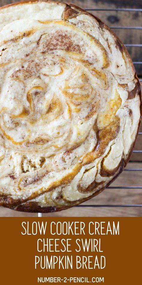 Totally homemade and decadent dessert! Moist and delicious, your whole family will love it! #bread #slowcooker #pumpkin Homemade Pumpkin Bread, Cream Cheese Swirl, Pumpkin Bread Easy, Pumpkin Recipes Easy, Slow Cooker Pumpkin, Crock Pot Desserts, Pumpkin Cream Cheeses, Delicious Cream, Pumpkin Bread Recipe