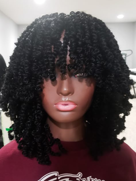 Twists With Bangs For Black Women, Twist Bangs Hairstyle Natural Hair, Mini Twist Bangs, Short Braids With Bangs, Mini Twist With Bangs, Passion Twists With Bangs, Twist Bangs Hairstyle, Mini Twists With Bangs, Braid Styles Natural Hair