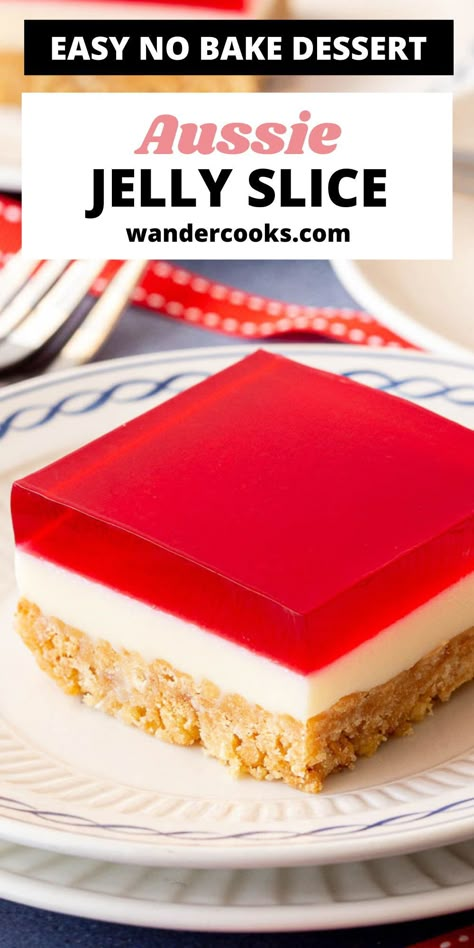 Jelly slice is a sweet and stunning treat for parties and gatherings, guaranteed to disappear the instant it hits the table! This super easy jelly slice recipe features the iconic three layers – biscuit base, condensed milk and red jelly – and only 7 ingredients. Jelly Party Ideas, Cake With Jelly Layer, Jelly Tarts Recipes, Jelly And Condensed Milk Dessert, Condensed Milk Slice, Easy Slices Recipes, Jelly Slice Recipe, Easy Slice Recipes, Jelly Dessert Recipes