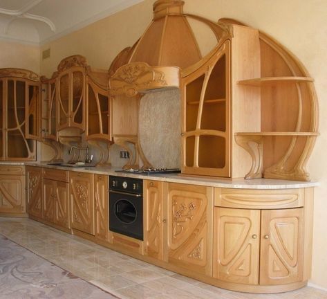 Art Nouveau Kitchen, Wooden Kitchen Furniture, Palette Patio Furniture, Art Nouveau Interior, Kitchen Cabinet Styles, Cupboard Design, Kitchen Design Decor, Kitchen Furniture Design, Wooden Kitchen