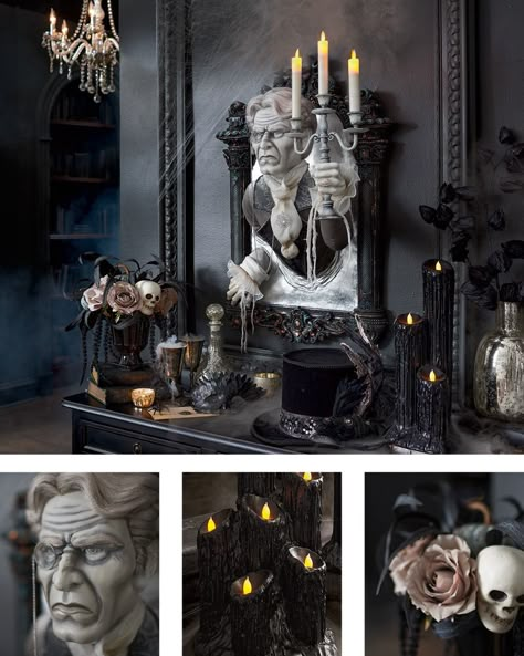 Haunted Ballroom Decorations, Halloween Decorations Gothic, Halloween Mantels Ideas, Halloween Elegant Decor, Glamorous Halloween Decor, Halloween Gothic Decor, Luxury Halloween Decor, Halloween Decorations 2023, Halloween Decor 2023