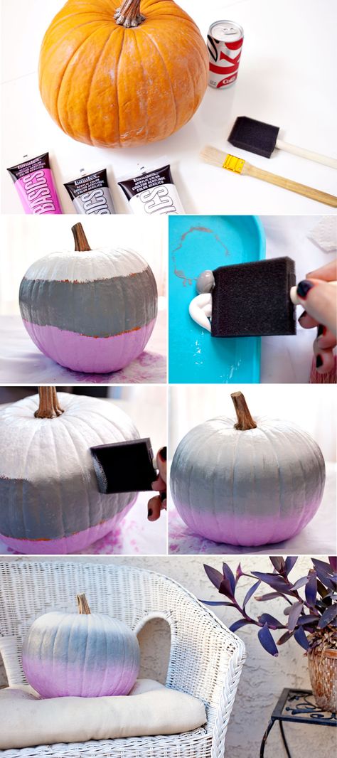 Ombre Pumpkin Painting, Cheap Pumpkin Decor, No Carve Pumpkin Decorating Ideas, Decorating Pumpkins, No Carve Pumpkin, Pumpkin Painted, Halloween Pumpkin Diy, Pumpkin Diy, No Carve Pumpkin Decorating