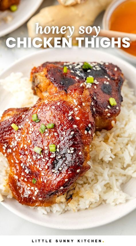 Honey Soy Chicken Thighs, baked in a sweet and savory honey, garlic, and soy marinade, are juicy, delicious, and super simple to prepare. Honey Soy Chicken Thighs, Chicken Thighs Baked, Asian Chicken Thighs, Honey Mustard Chicken Thighs, Soy Garlic Chicken, Mustard Chicken Thighs, Honey Garlic Chicken Thighs, Honey Soy Chicken, Japanese Chicken