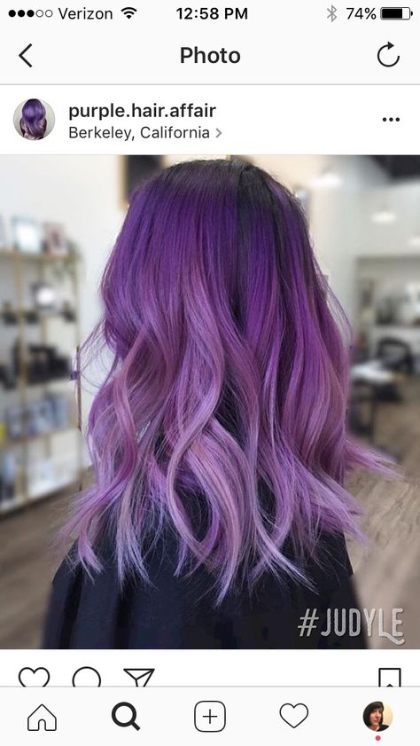 Purple Hair Melt, Dark Purple To Light Purple Hair Ombre, Purple Melt Hair, Lilac Purple Hair Highlights, Dark Purple To Lavender Ombre Hair, Dark To Light Purple Ombre Hair, Dimensional Vivid Hair, Light Purple Ombre Hair, Light Purple Balayage