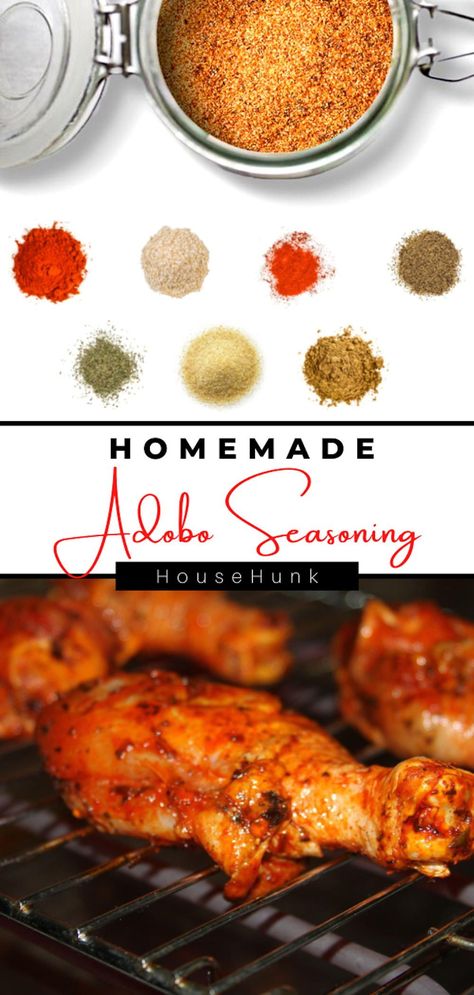 This Homemade Adobo Seasoning recipe with garlic powder, onion powder, paprika, cumin, and oregano is perfect for making tasty Latin American food, African recipes, and Asian meals. It's easy to make and is a great recipe for adding flavor to chicken and making Adobado recipes. If you enjoy Caribbean foods then have this Adobo powder on hand at all times. #adobo #adobochicken #adobado #marinate #marinade Tap to see more recipes and cooking inspiration from House Hunk + Fatherhood at Its Finest Pork Casseroles, Diy Taco Seasoning, Homemade Dry Mixes, Homemade Taco Seasoning Recipe, Homemade Spice Mix, Spice Blends Recipes, Taco Seasoning Recipe, Adobo Seasoning, Spice Mix Recipes