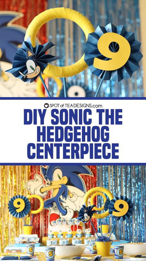 DIY Sonic the Hedgehog Centerpiece - Spot of Tea Designs Sonic The Hedgehog Centerpieces, Sonic Centerpieces, Sonic Rings, Sonic The Hedgehog Party, Hedgehog Party, Crepe Streamers, Sonic Hedgehog, Paper Fan, Party Centerpiece