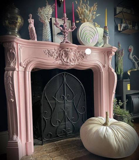 Dark Feminine Interior, Pastel Fireplace, Pink Mantle, Magic Furniture, Pink Fireplace, Stone Fireplace Decor, Moody Interior Design, Fireplace Bookshelves, Faux Fireplace Diy