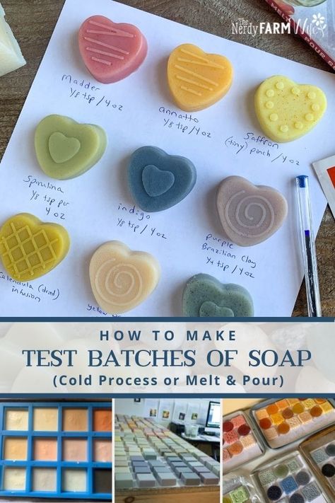 Learn how to make small test batches of soap to try out new colorants, additives, and essential oil blends. (Directions for both cold process and melt and pour types of soapmaking!) Types Of Soap Base, Diy Soap Molds Ideas How To Make, Small Soap Studio, Cold Pour Soap Recipe, How To Layer Melt And Pour Soap, Small Batch Cold Process Soap Recipe, How To Start A Soap Making Business, Natural Soap Colorants Melt And Pour, Cold Soap Process Recipes