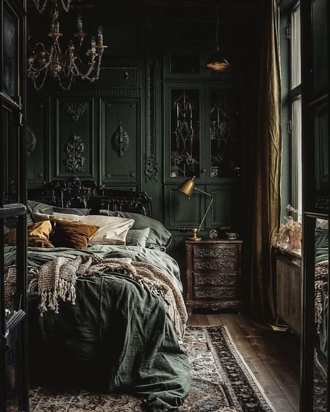 Green Victorian Bedroom, Victorian Bedroom Aesthetic, Feminine Bedroom Ideas, Slytherin Room, Dark Feminine Bedroom, 1 Color Palette, Dark Green Rooms, Academia Bedroom, Royal Bedroom