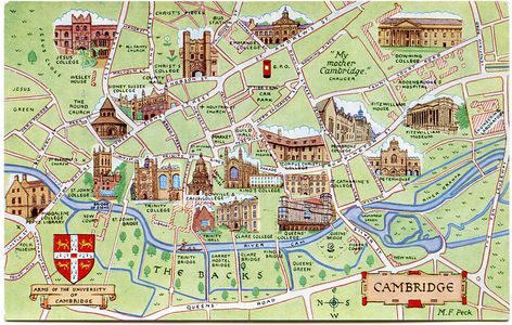 Postcard map of Cambridge | by Alwyn Ladell Cambridge Map, Cambridge College, Salmon Arm, Publishing Design, Campus Map, University Of Cambridge, Cambridge University, University Campus, Places Of Interest