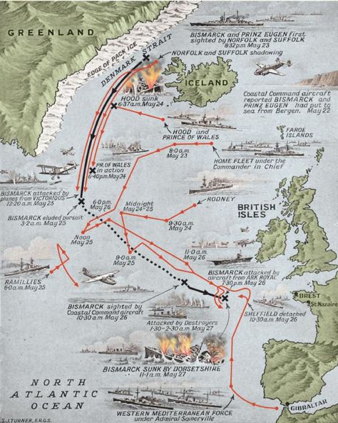 Sinking the Bismarck – Map of the last voyage of the Bismarck, May 1941. Military History Monthly Battle Maps. Sink The Bismarck, Wwii Maps, Perang Dunia Ii, Naval History, Rms Titanic, Old Map, British History, Historical Maps, Royal Navy