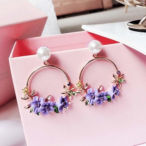 These fun and flirty earrings will finish off any look beautifully (and they look way more expensive than they actually are!) Purple Earrings Aesthetic, Crystal Statement Earrings, Lavender Earrings, Earrings Aesthetic, Pearls Earrings, Floral Hoops, Dangle Hoop Earrings, Wedding Party Jewelry, Purple Earrings