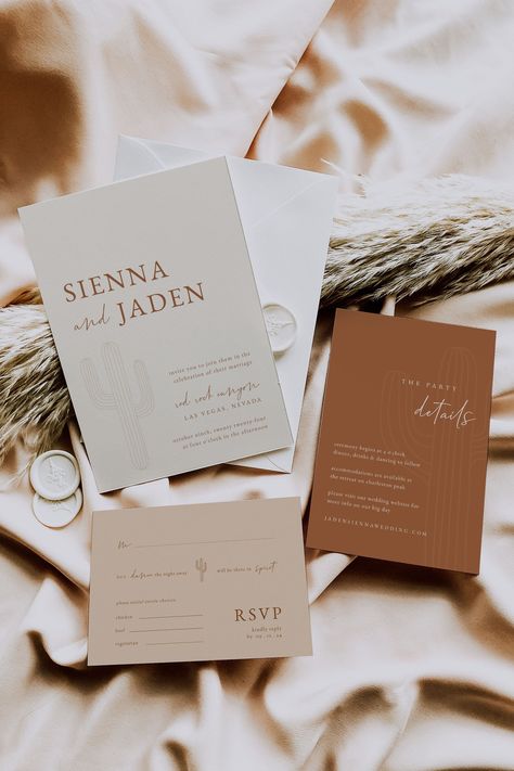 Desert Wedding Invitation Suite Template - includes Invitation, RSVP Card, and Details Card - with this template, you can edit all background colors, font colors, fonts, font sizes, and text! Note: This is an EDITABLE TEMPLATE. No physical product will be shipped to you. 🧡 MATCHING ITEMS: https://etsy.me/3THXE9E 🧡 TRY BEFORE YOU BUY: https://www.corjl.com/d/1HH9JM  WHAT YOU WILL RECEIVE  DIY editable templates in the following sizes: * Invitation - 5x7" * Details Card - 5.5x4.25", 4x6" * RSVP Modern Desert Wedding Invitations, Wedding Invites Western, Desert Wedding Invitations, Desert Wedding Aesthetic, Western Wedding Invitation, Minimalist Boho Wedding, Cactus Wedding Invitations, Desert Wedding Ideas, Desert Weddings