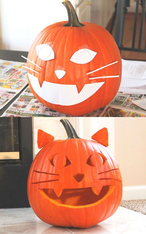 Oblong Pumpkin Carving Ideas, Nintendo Pumpkin, Pumpkin Carving Ideas Cat, Cat Jack O Lanterns, Jack O Lantern Stencils, Pumpkin Carving Cat, Wolf Pumpkin, Cat Face Pumpkin, Kids Pumpkin Carving