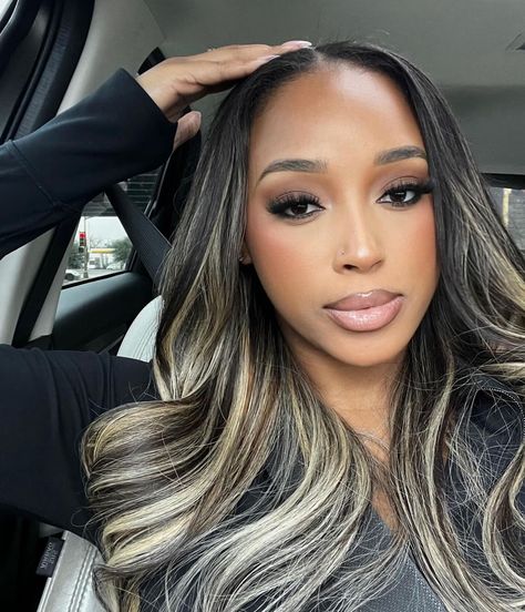 Black Into Blonde Hair, Highlighted Hair Black Women, Blonde Highlights Quickweave, Black Hair With 613 Highlights, Faux Highlights Quick Weave, Highlighted Sew In, Highlights On Relaxed Hair, Black And Blonde Weave, Ash Blonde Highlights Black Women