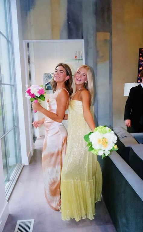 Preppy Prom Dresses Yellow, Tiered Satin Dress, Long Sorority Formal Dress, Preppy Prom Dresses Long, Yellow Formal Dress Long, Prom Dress Inspo 2023, Prom Dresses Preppy, Prom Dress Preppy, Sorority Formal Dress Long