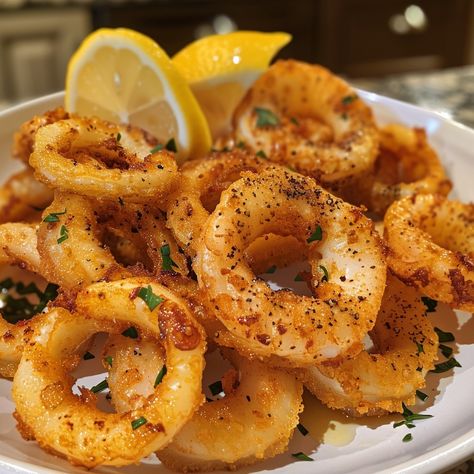 🦑🍋 Crispy on the outside, tender inside! Try our Golden Calamari Rings! 🌊✨ 🍽️ Calamari Rings 🛒 Ingredients: Calamari, sliced into rings: 1 lb Flour: 1 cup Paprika: 1 tsp Garlic powder: 1 tsp Salt and pepper to taste Lemon wedges Oil for frying 👩‍🍳 Instructions: Prep: Season flour with paprika, garlic powder, salt, and pepper. Dredge: Coat calamari rings in seasoned flour. Fry: Deep-fry in hot oil until golden. Serve: With lemon wedges. 🎉 Bring the ocean to your table with our crispy Calam... Crispy Fried Calamari, Deep Fried Calamari, Crispy Calamari, Calamari Rings, Fictional Food, Fried Squid, Fried Calamari, Twisted Recipes, Deep Fry