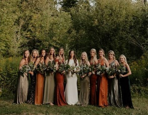 Greenery Table Centerpieces, Light Grey Groom Suit, Bridesmaid Dresses Olive Green, Bridesmaid Dresses Olive, Olive Green And Terracotta, Wedding Photo Board, Terracotta Bridesmaid Dresses, Mismatched Green Bridesmaid Dresses, Mixed Bridesmaid Dresses