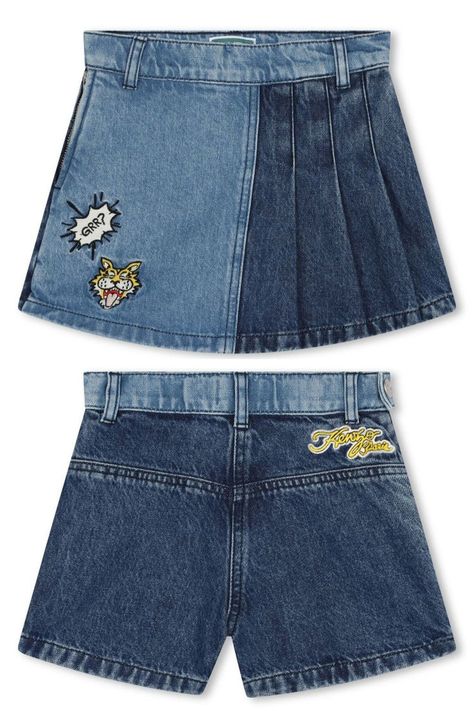 Two-tone pleated denim skirt with a patch on the left side showing a tiger head and a speech bubble that says "GRR?". The skirt combines light and dark denim for a stylish look. Skort Denim, Denim Skort, Designer Kids, Kenzo Kids, Designer Kids Clothes, Blue Logo, Denim Cotton, Kids Branding, Logo Embroidered