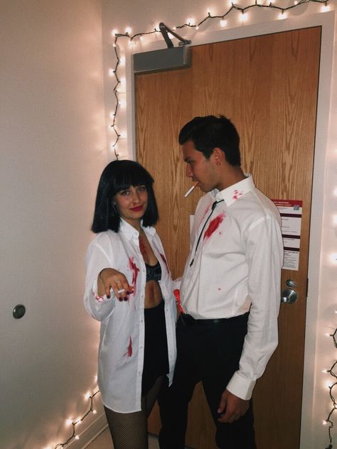 mia wallace and vincent vega Mia And Vincent Pulp Fiction Costume, Mia And Vincent Costume, Pulp Fiction Halloween Costume Couple, Mia Wallace And Vincent Vega Costume, Mia Wallace Disfraz, Mia Pulp Fiction Halloween, Pulp Fiction Mia Wallace Costume, Mia Wallace Outfit, Vincent Vega Costume