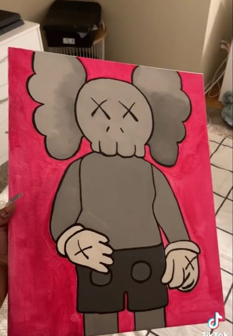 Kaw Paintings On Canvas, Canvas Painting Characters, Kaw Paintings, Kaw Drawings, Aesthetic Painting Ideas Cartoons, Pink Kaws Painting, Kaws Painting Ideas, Kaws Painting Ideas On Canvas, Kaws Sketch