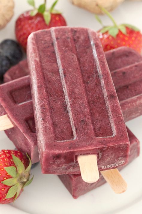 Ginger Berry Popsicles {fruit-sweetened, naturally gluten-free and vegan} Sorbet Popsicles, Basil Martini, Wine Popsicles, Protein Popsicles, Fruity Popsicles, Berry Popsicles, Blueberry Basil, Boozy Popsicles, Strawberry Popsicles