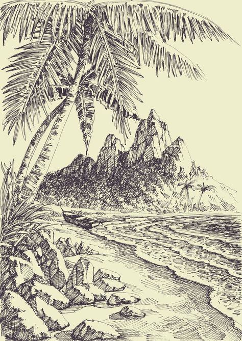 View Sketch Nature, Beach Drawing Background, Beach Pen Drawing, Beach Scene Sketch, Beach Drawing Sketches, Island Sketch, Island Drawing, 3d Illusion Art, Drawing Fundamentals