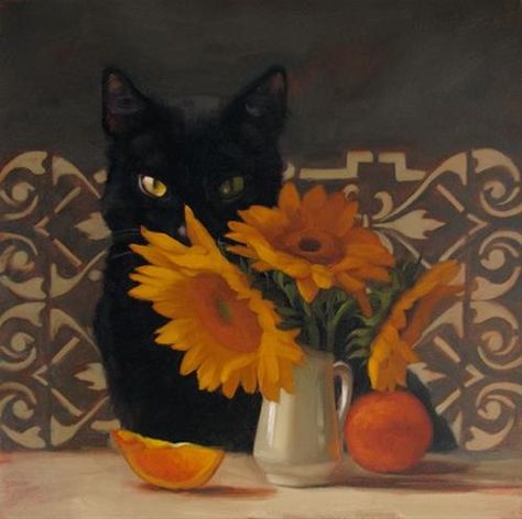 Painting Of Cat, Black Cat Painting, Cat Paintings, Cat Art Illustration, Black Cat Art, Cats Artists, A Black Cat, Cat Artwork, Sunflower Painting