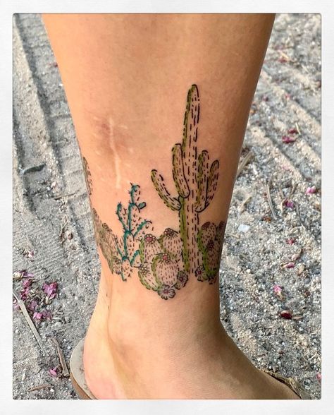 Cactus Tattoo Ankle, Nopales Tattoo, Cacti Tattoos, Nm Tattoo, Az Tattoo, Anklet Tattoos For Women, Cactus Tattoos, Runner Tattoo, Western Tattoo